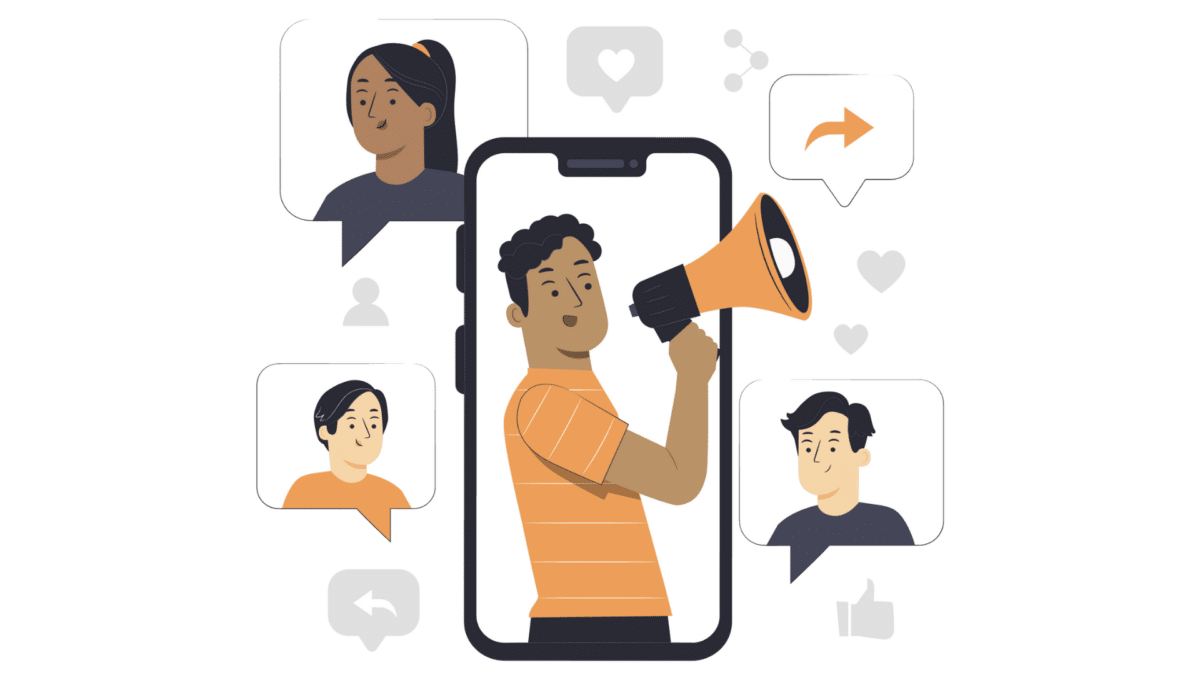 Insurance distribution: a man with a bullhorn on a smartphone