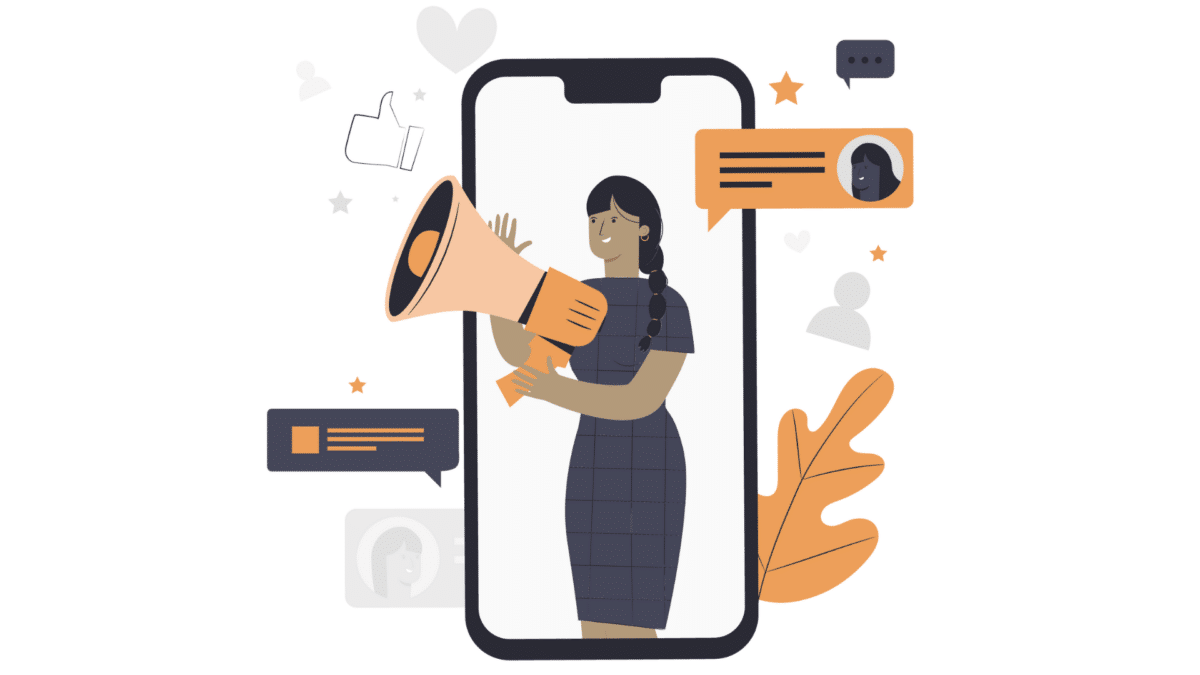 Digital insurance distribution channel: a woman with a bullhorn on a smartphone