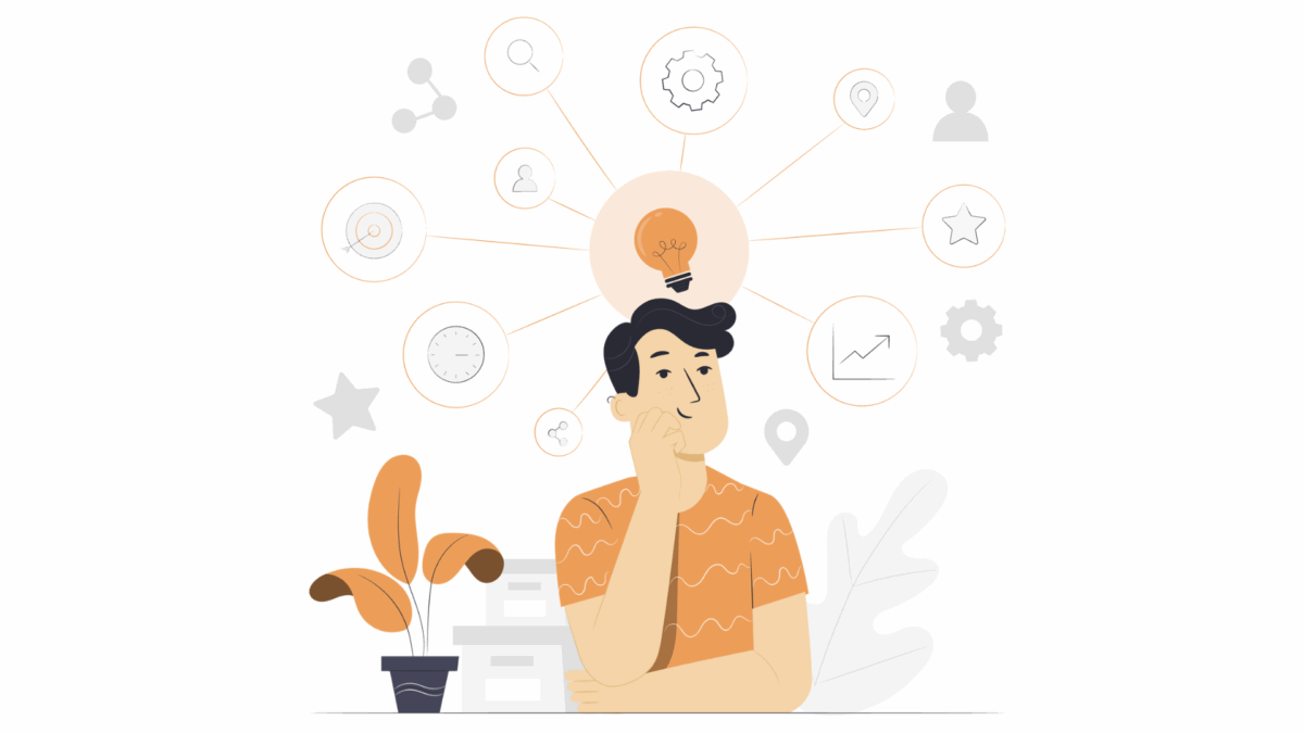 Human expertise in high-touch insurance: man with ideas above his head